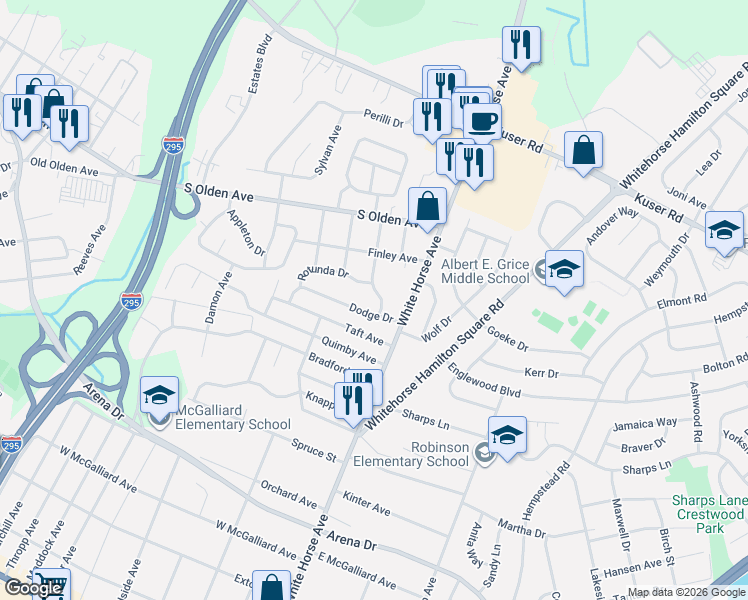 map of restaurants, bars, coffee shops, grocery stores, and more near 18 Dodge Drive in Trenton