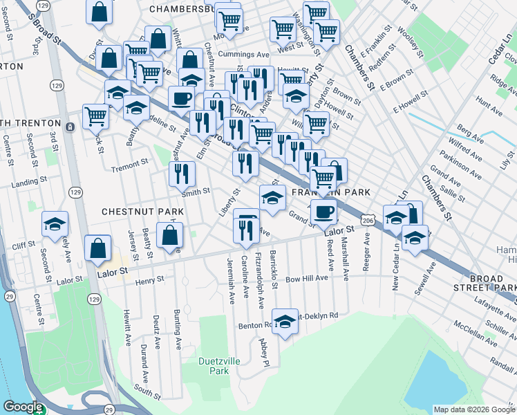 map of restaurants, bars, coffee shops, grocery stores, and more near 310 Dayton Street in Trenton