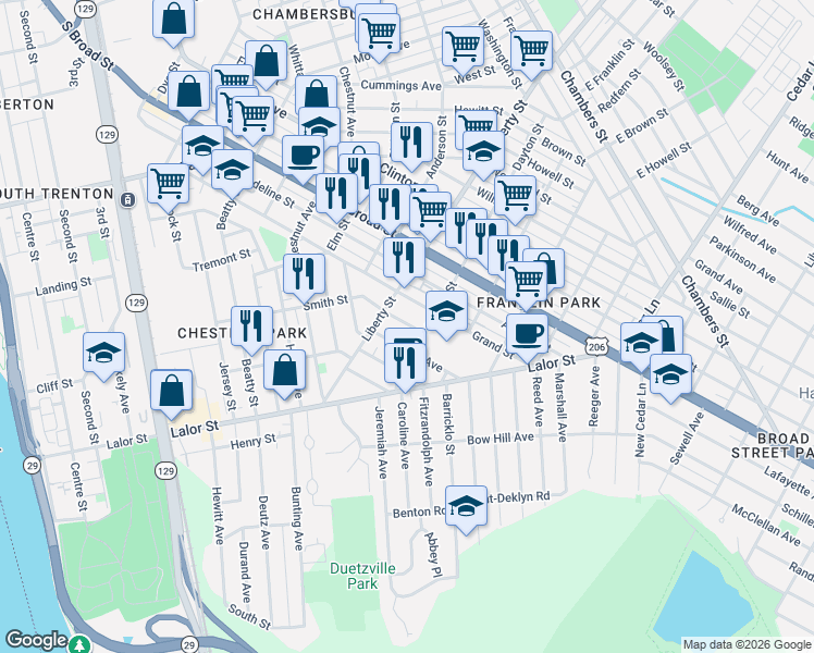 map of restaurants, bars, coffee shops, grocery stores, and more near 977 Smith Street in Trenton