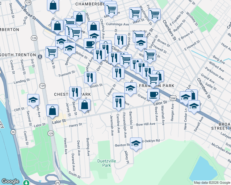 map of restaurants, bars, coffee shops, grocery stores, and more near 977 Smith Street in Trenton