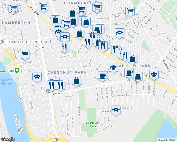 map of restaurants, bars, coffee shops, grocery stores, and more near 145 Barnt Avenue in Trenton