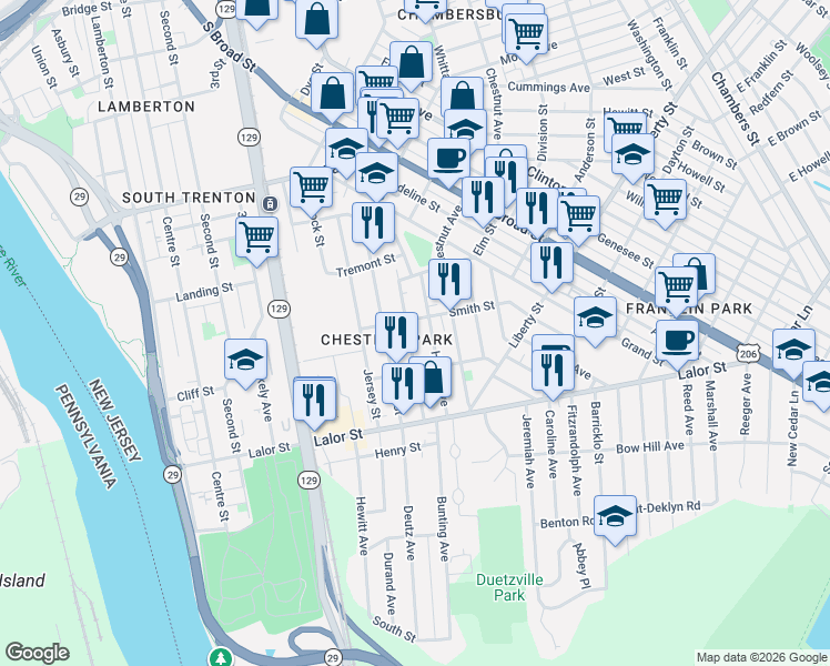 map of restaurants, bars, coffee shops, grocery stores, and more near 428 Home Avenue in Trenton