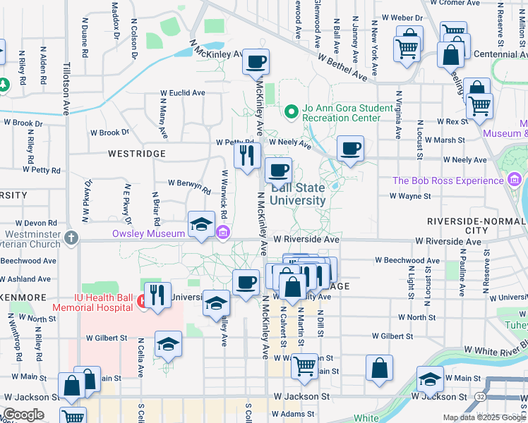 map of restaurants, bars, coffee shops, grocery stores, and more near 881-959 North McKinley Avenue in Muncie