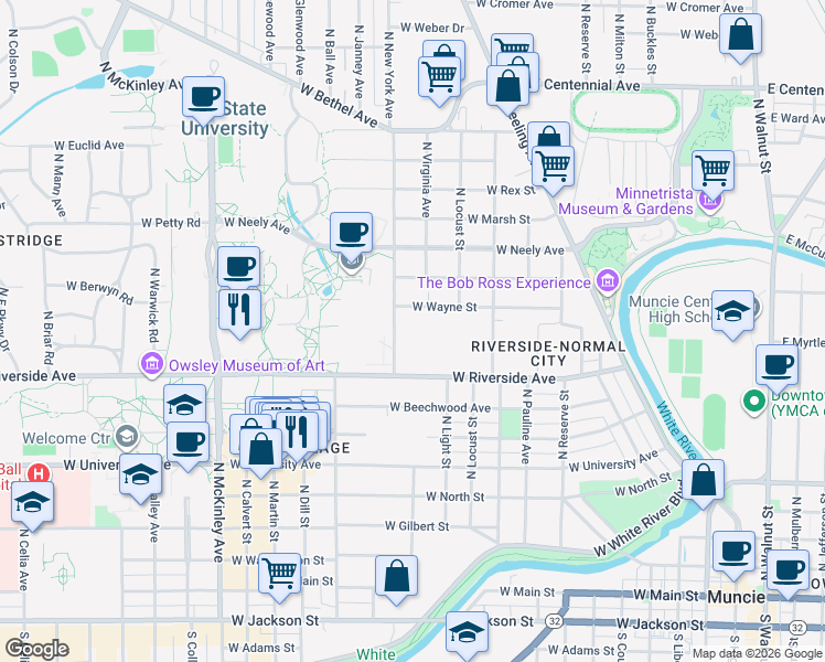 map of restaurants, bars, coffee shops, grocery stores, and more near 900 North New York Avenue in Muncie