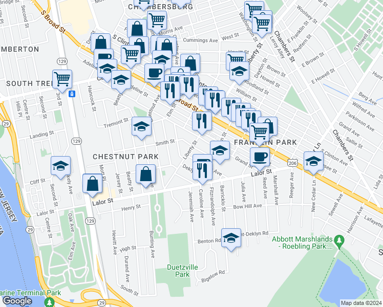 map of restaurants, bars, coffee shops, grocery stores, and more near 101 Liberty Street in Trenton