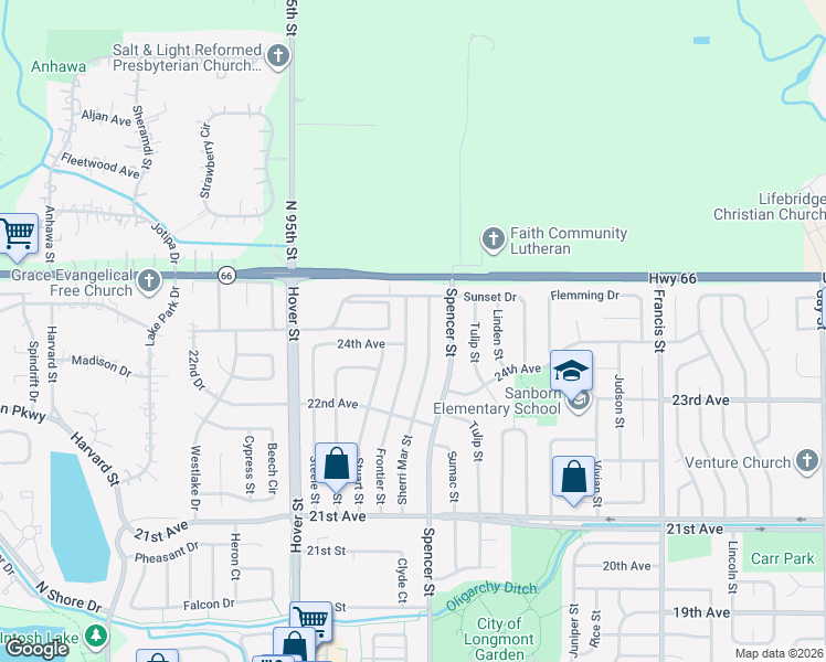 map of restaurants, bars, coffee shops, grocery stores, and more near 2407 Sherri Mar Street in Longmont