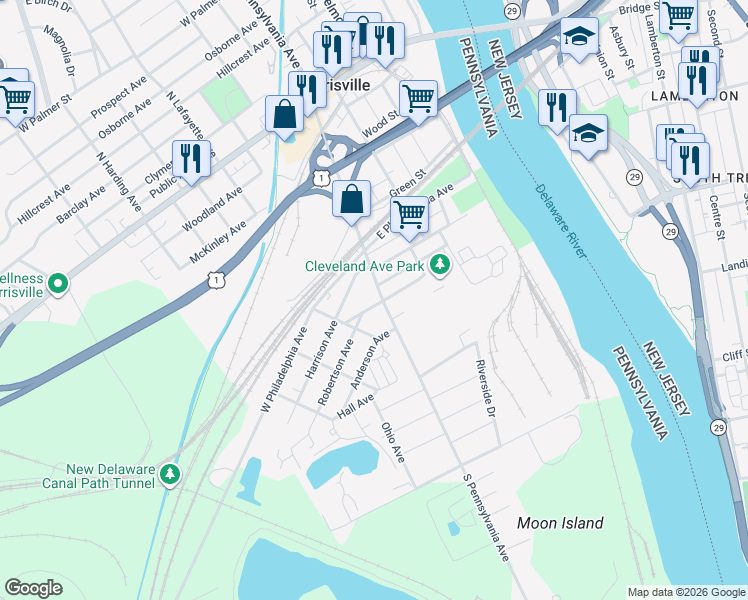 map of restaurants, bars, coffee shops, grocery stores, and more near 24 West Cleveland Avenue in Morrisville