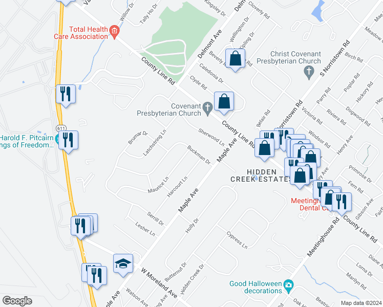 map of restaurants, bars, coffee shops, grocery stores, and more near 507 Buckman Drive in Hatboro