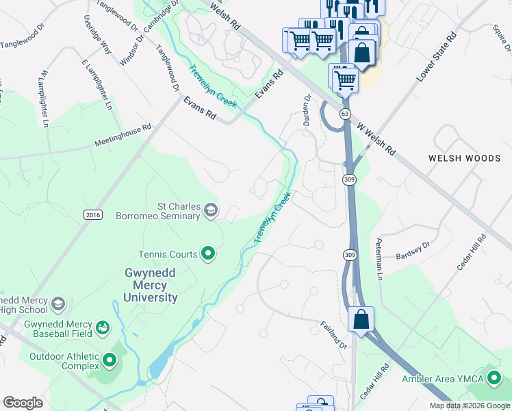 map of restaurants, bars, coffee shops, grocery stores, and more near 1385 Sloan Way in Gwynedd Valley