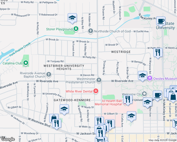 map of restaurants, bars, coffee shops, grocery stores, and more near 3011 West Amherst Road in Muncie