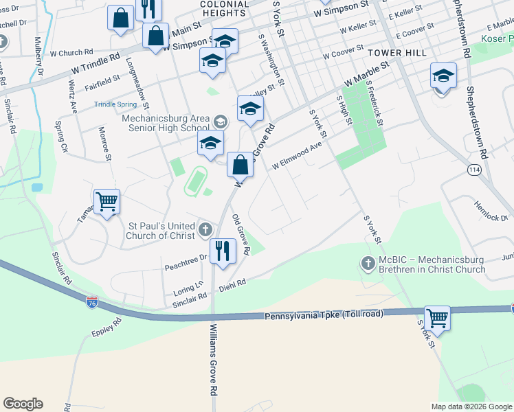 map of restaurants, bars, coffee shops, grocery stores, and more near 513 W Elmwood Ave in Mechanicsburg
