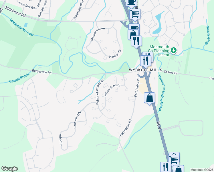 map of restaurants, bars, coffee shops, grocery stores, and more near 387 Brookview Court in Howell