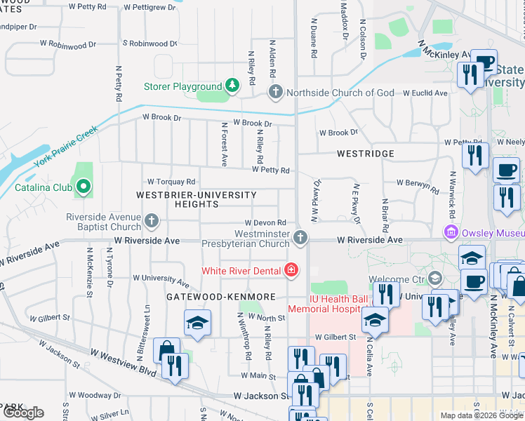 map of restaurants, bars, coffee shops, grocery stores, and more near 3011 West Amherst Road in Muncie