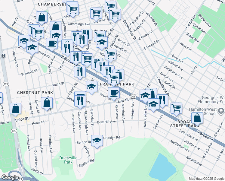 map of restaurants, bars, coffee shops, grocery stores, and more near 1108 Adeline Street in Trenton