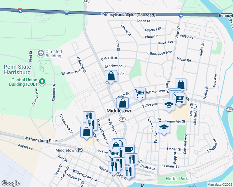 map of restaurants, bars, coffee shops, grocery stores, and more near 25 East High Street in Middletown