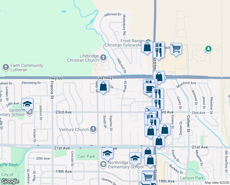 map of restaurants, bars, coffee shops, grocery stores, and more near 2405 Key Court in Longmont