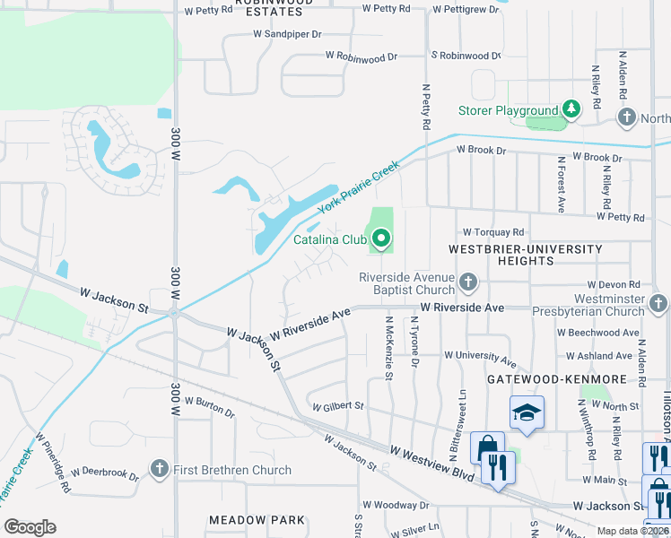 map of restaurants, bars, coffee shops, grocery stores, and more near 4208 West Thornwood Lane in Muncie