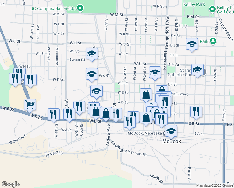 map of restaurants, bars, coffee shops, grocery stores, and more near 500-598 W E St in McCook