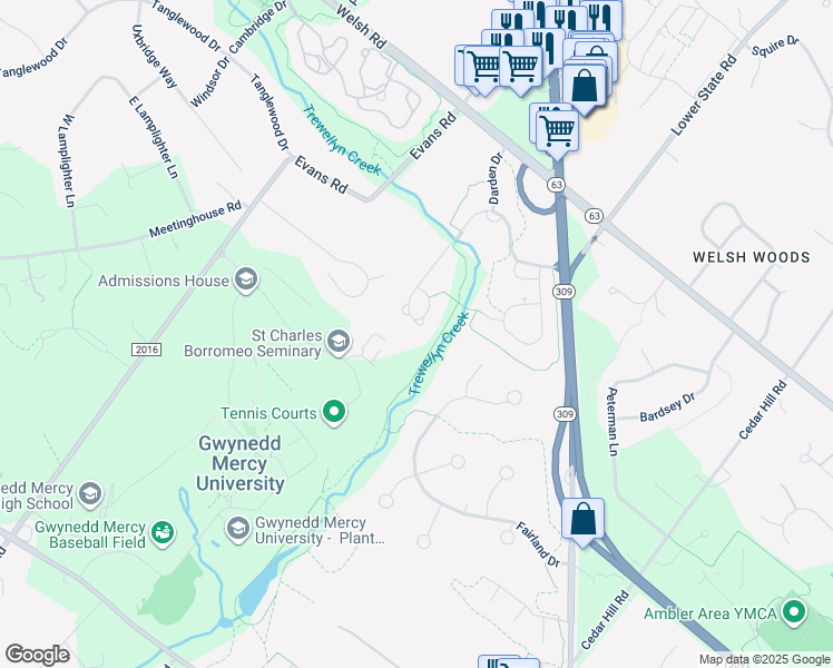 map of restaurants, bars, coffee shops, grocery stores, and more near 1375 Sloan Way in Spring House