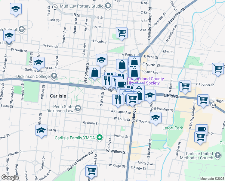 map of restaurants, bars, coffee shops, grocery stores, and more near 150 West High Street in Carlisle