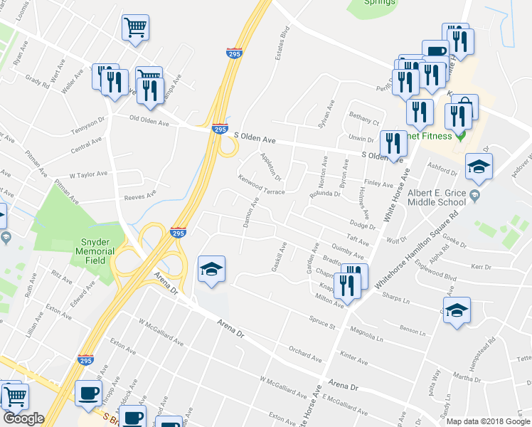 map of restaurants, bars, coffee shops, grocery stores, and more near 25 Quimby Avenue in Trenton