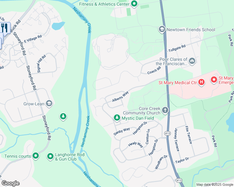 map of restaurants, bars, coffee shops, grocery stores, and more near 260 Cambridge Drive in Langhorne