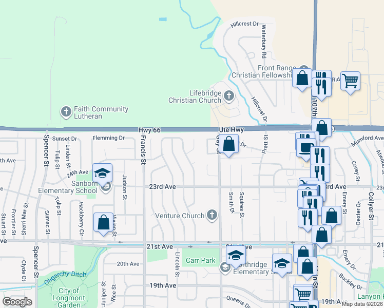map of restaurants, bars, coffee shops, grocery stores, and more near 2406 Dodd Lane in Longmont