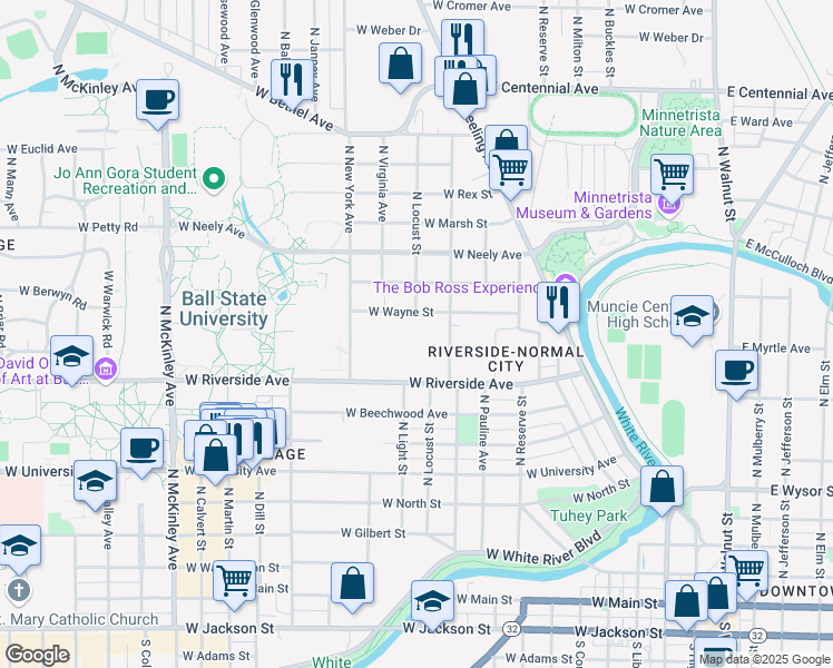 map of restaurants, bars, coffee shops, grocery stores, and more near 909 North Linden Street in Muncie