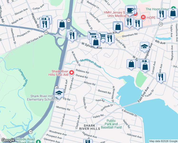 map of restaurants, bars, coffee shops, grocery stores, and more near 231 Robbins Road in Neptune City