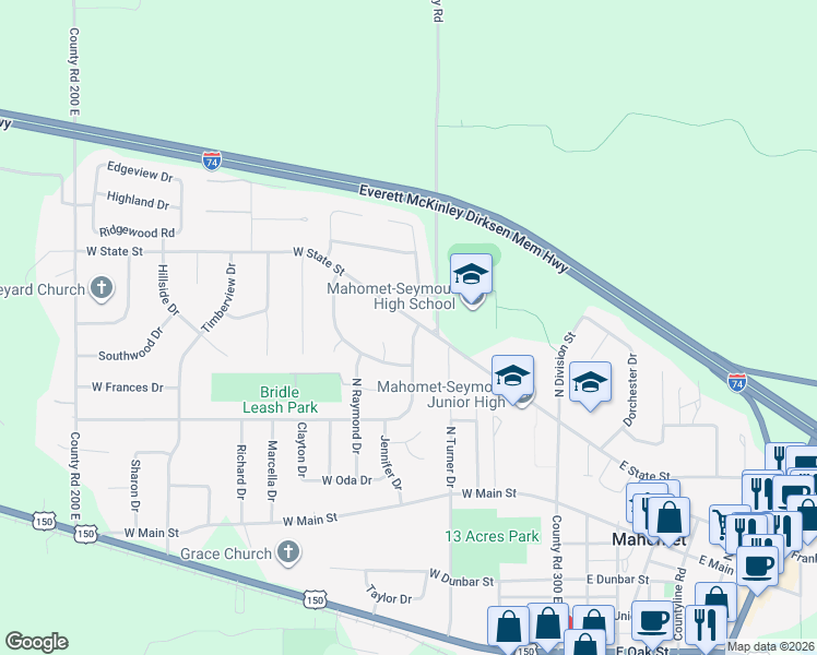 map of restaurants, bars, coffee shops, grocery stores, and more near 609 North Dianne Lane in Mahomet
