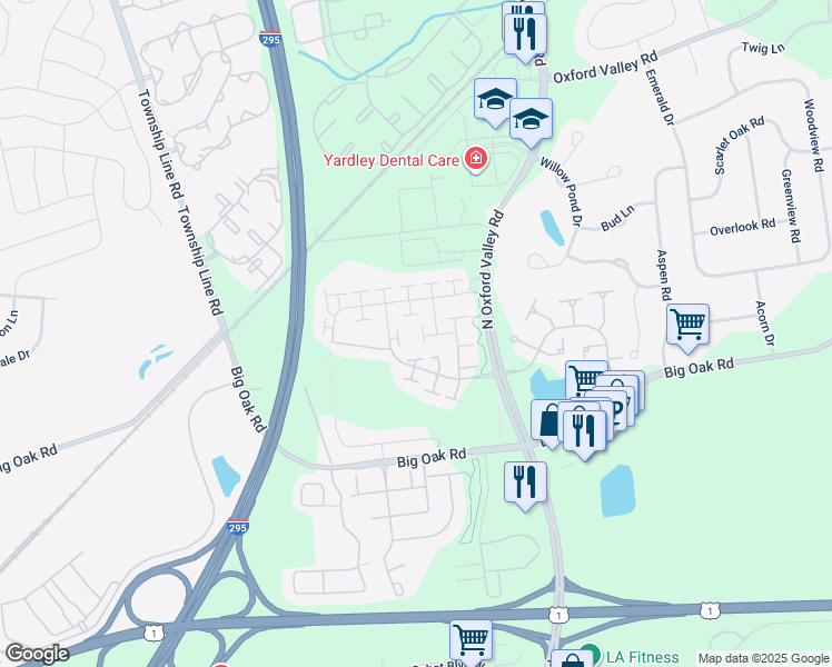 map of restaurants, bars, coffee shops, grocery stores, and more near 1698 Pierce Way in Yardley