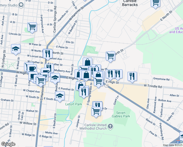 map of restaurants, bars, coffee shops, grocery stores, and more near Spring Garden Estates in Carlisle