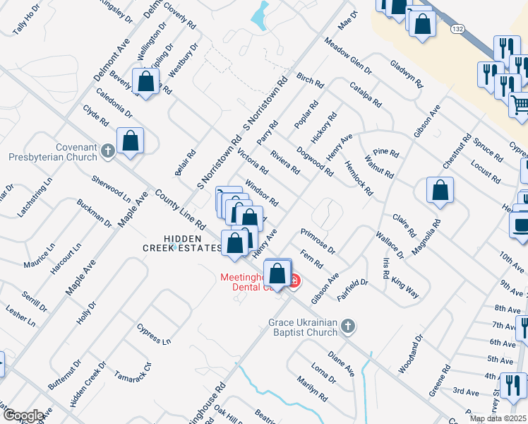 map of restaurants, bars, coffee shops, grocery stores, and more near 987 Coronet Road in Warminster