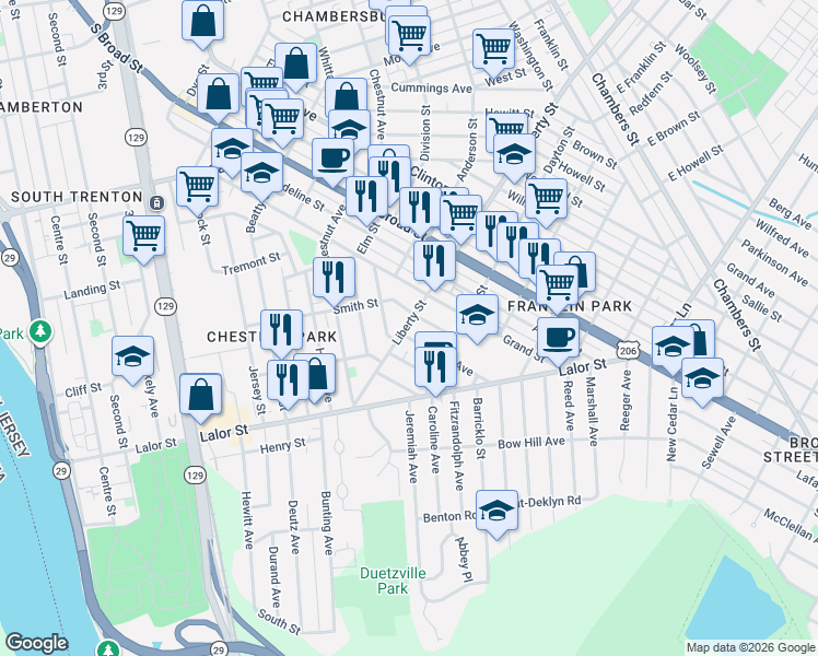 map of restaurants, bars, coffee shops, grocery stores, and more near 104 Liberty Street in Trenton