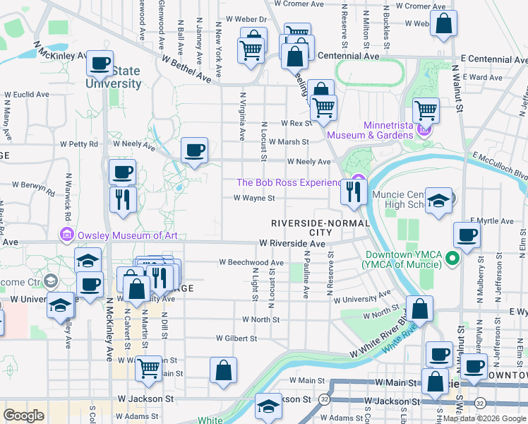 map of restaurants, bars, coffee shops, grocery stores, and more near 909 North Linden Street in Muncie