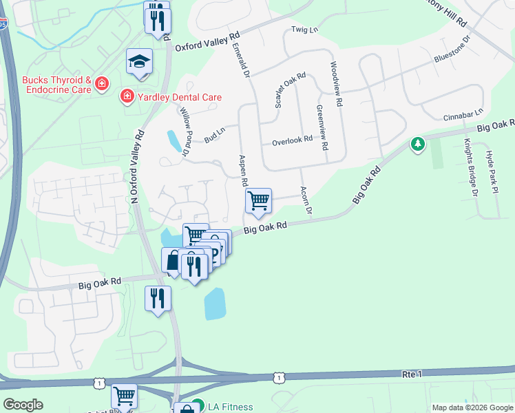 map of restaurants, bars, coffee shops, grocery stores, and more near 186 Pinecone Drive in Yardley