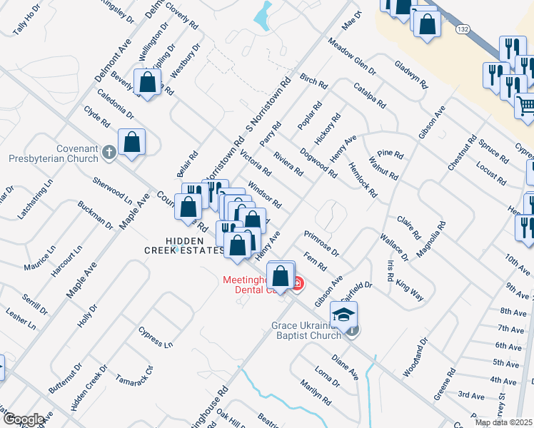 map of restaurants, bars, coffee shops, grocery stores, and more near 987 Coronet Road in Warminster