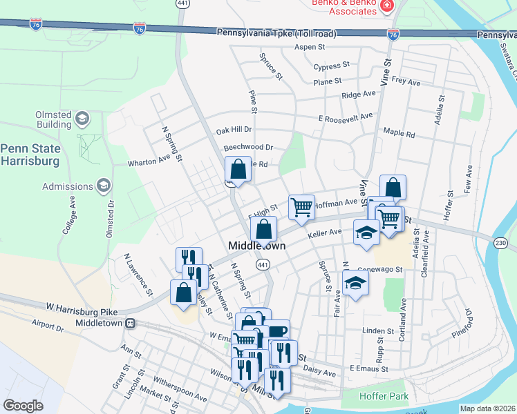 map of restaurants, bars, coffee shops, grocery stores, and more near 47 East High Street in Middletown