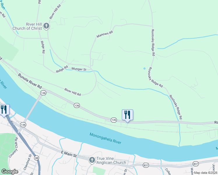map of restaurants, bars, coffee shops, grocery stores, and more near 1861 Malerie Lane in Monongahela
