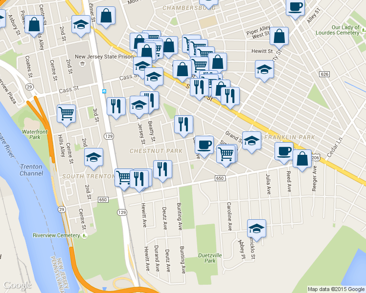 map of restaurants, bars, coffee shops, grocery stores, and more near 1821 Chestnut Avenue in Trenton