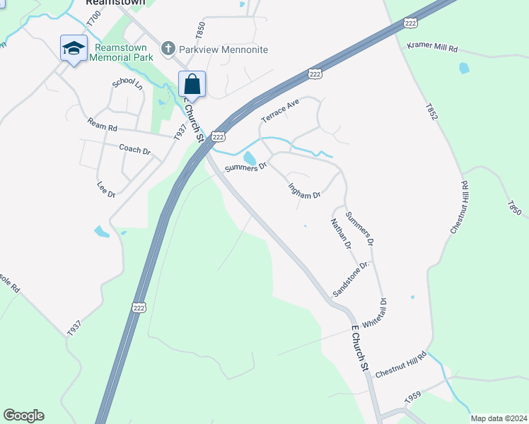 map of restaurants, bars, coffee shops, grocery stores, and more near 140 East Church Street in Stevens