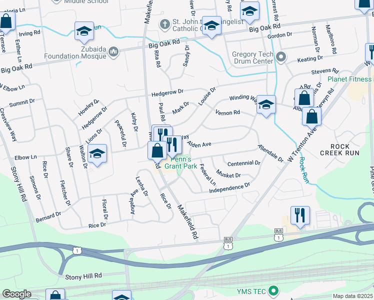 map of restaurants, bars, coffee shops, grocery stores, and more near 301 Rose Avenue in Morrisville