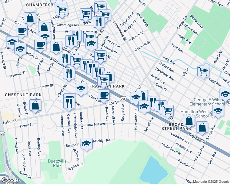 map of restaurants, bars, coffee shops, grocery stores, and more near 1383 South Broad Street in Trenton