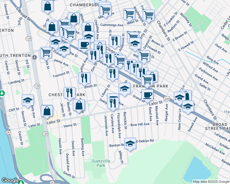 map of restaurants, bars, coffee shops, grocery stores, and more near 977 Smith Street in Trenton