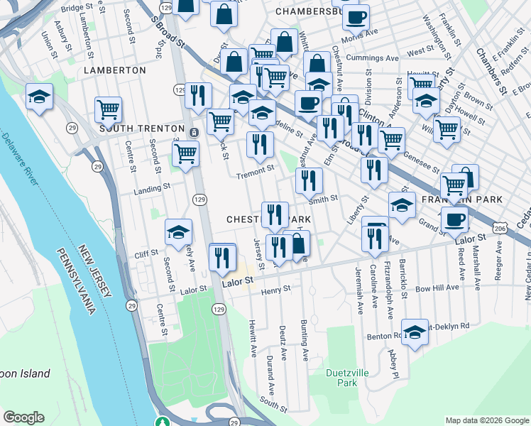 map of restaurants, bars, coffee shops, grocery stores, and more near in Trenton