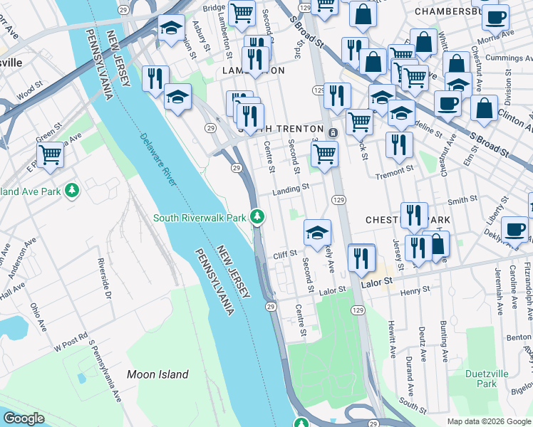 map of restaurants, bars, coffee shops, grocery stores, and more near 936 Lamberton Street in Trenton