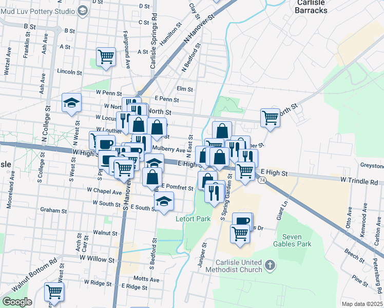 map of restaurants, bars, coffee shops, grocery stores, and more near 17 North East Street in Carlisle
