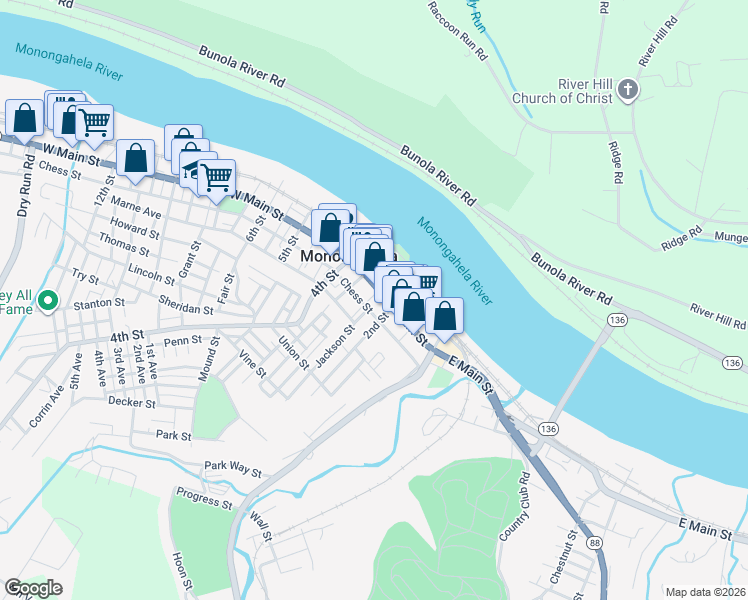 map of restaurants, bars, coffee shops, grocery stores, and more near 210 2nd Street in Monongahela