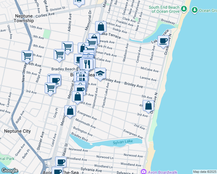 map of restaurants, bars, coffee shops, grocery stores, and more near 414 5th Avenue in Bradley Beach