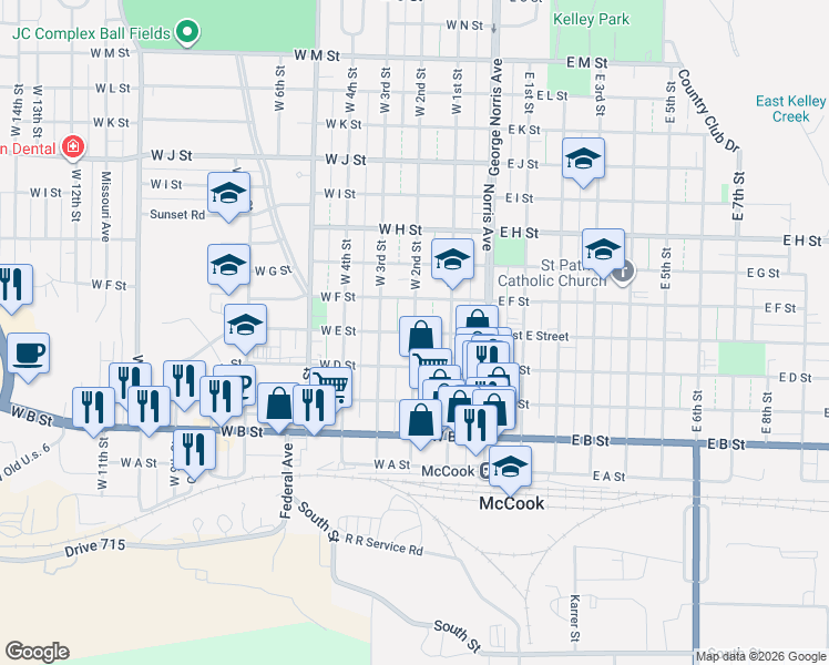 map of restaurants, bars, coffee shops, grocery stores, and more near 300 West E Street in McCook